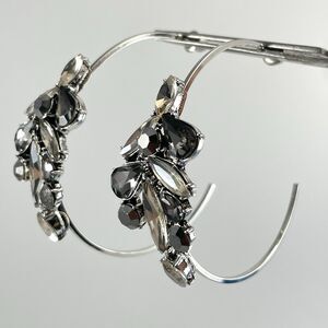 Silver Tone Black White Glass Rhinestone Marquise Cut Hoop Earrings Bling Boho
